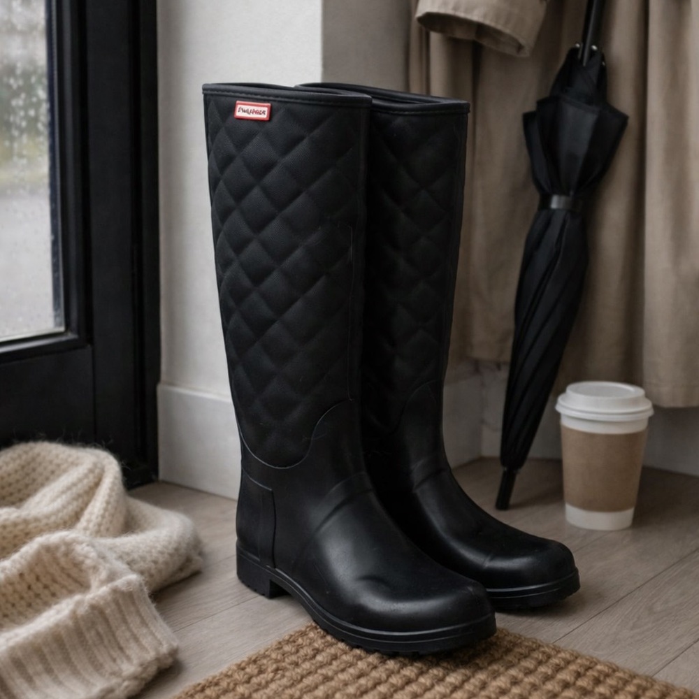 Hunter Quilted Rubber Tall Rain Boots Black Women’s Size 6 Waterproof